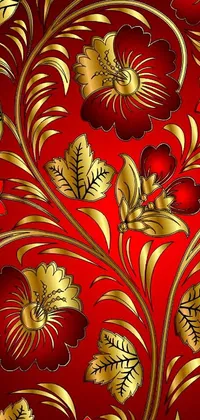 This live wallpaper features a stunning red background with intricate gold foliage and flowers