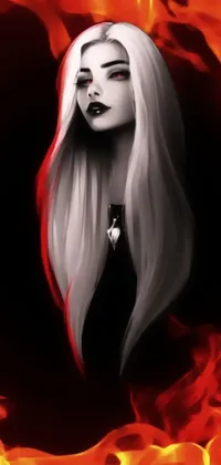 This live wallpaper showcases a remarkable digital painting featuring a white-haired woman engulfed by flames, evoking a Gothic ambiance with its color palette of black, white and red