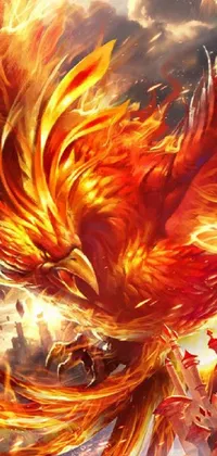 This stunning phone live wallpaper features a fiery bird soaring over a modern city