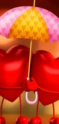 This live wallpaper is a stunning depiction of two hearts under an umbrella, surrounded by falling rain