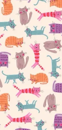 This phone live wallpaper features a cute and playful pattern of colorful cats on a white background
