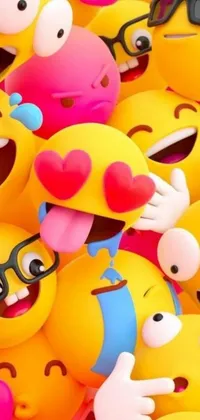 This phone live wallpaper showcases a group of yellow emoticons in a delightful cartoon style against a colorful abstract background
