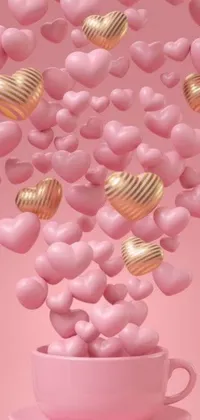 This delightful phone live wallpaper features a charming cup filled with pink hearts