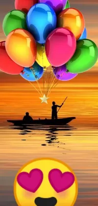 This phone live wallpaper depicts an idyllic scene of a boat with vibrant balloons on calm waters