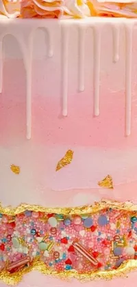 This phone live wallpaper features a delectable pink cake with white icing and vibrant sprinkles