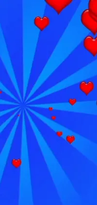 This phone live wallpaper showcases vibrant red hearts floating amidst a pop art-inspired background bathed in cool blue sunshine