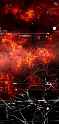 This abstract phone live wallpaper features a vivid red object set against a black background, with an explosion of fragmented data