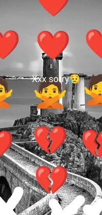This stunning phone live wallpaper features a black and white image of a lighthouse surrounded by floating hearts, a cartoon, and floating emojis and text messages