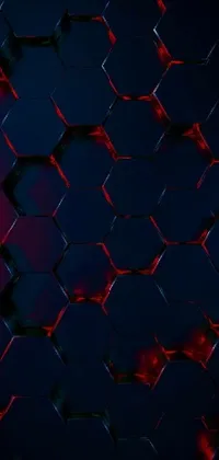 This futuristic live wallpaper boasts a striking blue background with bold red and black metallic hexagons that are intricately designed with scales