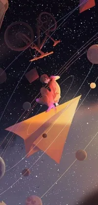 This live wallpaper depicts a man soaring through space atop a paper plane, surrounded by candy planets and a colorful sun