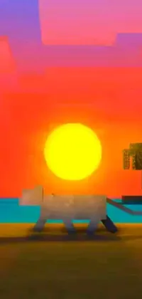 This phone live wallpaper depicts a sunset over a body of water with a cat walking on a beach in Minecraft-style