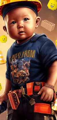 This mesmerizing phone live wallpaper showcases a hard hat-wearing baby in a digital painting with Disney Pixar-8k-photo levels of detail