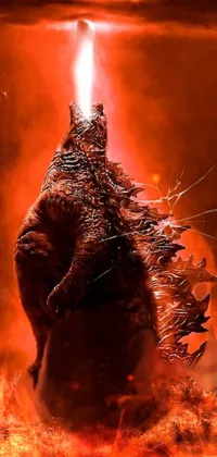 This live wallpaper features digital art of the iconic monster Godzilla standing on a body of water with a red planetoid exploding in the background