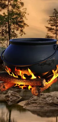 This phone live wallpaper features a polycount contest-winning digital rendering of a large pot on a fire pit