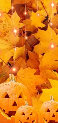 This stunning phone live wallpaper captures the essence of autumn with its charming scene of two adorable pumpkins resting on a colorful pile of leaves