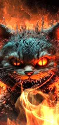 This striking live wallpaper depicts a mischievous cat with a wicked grin on a fiery, hell-like background