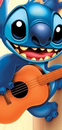 This live wallpaper for your phone features a colorful and lively cartoon character playing an electric guitar with a wicked grin on their face
