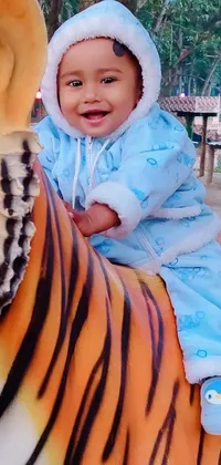 Discover a unique live wallpaper for your phone featuring the cutest baby sitting on top of a fake tiger