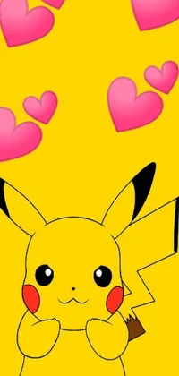 This phone live wallpaper showcases a lively drawing of Pikachu from the popular animated series, set against a background of animated hearts