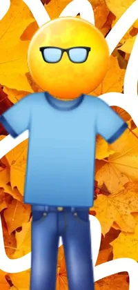 Looking for a fun and trendy phone live wallpaper? Look no further than this playful design featuring a cartoon person wearing stylish sunglasses while standing in a pile of autumn leaves