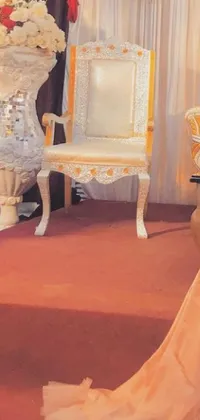 This Islamic-themed live wallpaper showcases a man and a woman in traditional clothing, standing side by side on a vibrant rococo background in orange and white