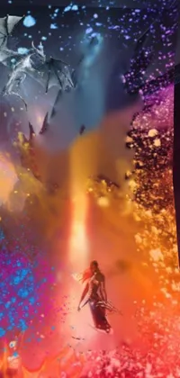 This phone live wallpaper depicts a woman flying atop a majestic dragon in a colorful and explosive scene