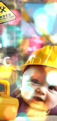 This lively and unique phone live wallpaper features a cheerful baby wearing a bright yellow hard hat, set against a bold and colorful constructivist background