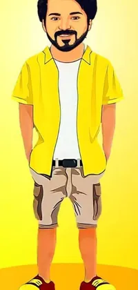 Add a pop of color to your phone with this fun live wallpaper! Featuring a male teenager standing casually with hands in pockets and sporting a vibrant yellow outfit of shorts and t-shirt, this digital painting is inspired by a trending image