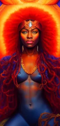 This stunning live wallpaper boasts an airbrush painting of a woman with long, fiery hair that appears as a fire goddess