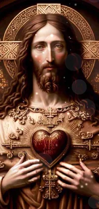 Add an elegant touch to your phone with this beautiful live wallpaper featuring a gothic painting of a heart being held by Jesus