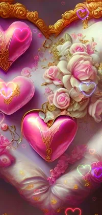 This phone live wallpaper is a work of art depicting a heart-shaped cake adorned with pink roses and surrounded by gold and pink hearts