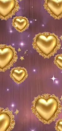 This live phone wallpaper features gold hearts and stars on a gorgeous purple background