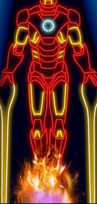 This live wallpaper showcases a neon version of Iron Man standing on two crutches in a vector style