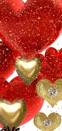 Looking for a stunning live wallpaper for your phone? You'll love this digital rendering of red and gold hearts on a white background