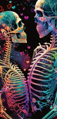 This live wallpaper features an intricate and playful design showcasing two dancing skeletons in colorful abstract patterns