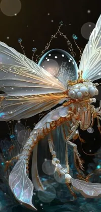 This phone live wallpaper showcases a stunning close-up of a butterfly sculpture adorned with intricate designs, surrounded by a swarm of golden fireflies set against a dark backdrop