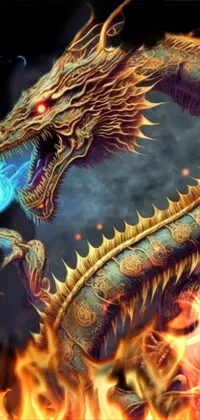 Looking for a stunning phone live wallpaper that showcases a powerful and fearsome dragon? Look no further than this beautifully intricate wallpaper, featuring a cyan-colored Chinese dragon with golden snakes and fire breath