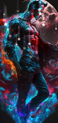 This live wallpaper for your phone is a stunning cyberpunk fantasy art featuring a male figure against a full moon
