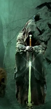 This phone live wallpaper features a stunning digital art composition of a man holding a sword and a majestic dog shrouded in a green cloak