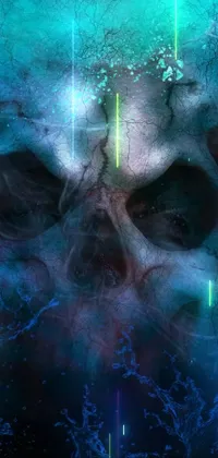 Looking for a dark and eerie live wallpaper for your phone? This digital art painting features a skull submerged in water, surrounded by mystical blue fog, with an evil dead expression