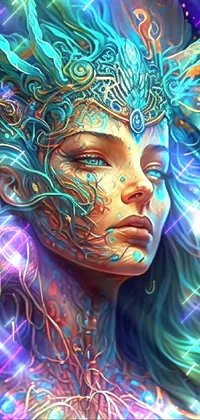 This live phone wallpaper depicts a stunning goddess with feathers on her head, designed with intricate and vibrant patterns