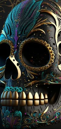 This live wallpaper features a colorful render of an intricately designed skull made of metal and wood, mounted on a black background