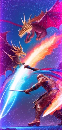 This live wallpaper features a fiery battle scene with a man holding a sword while facing a dragon