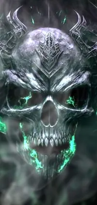 Elevate your phone's aesthetic with this menacing live wallpaper featuring a blackened skull with glowing green eyes and horns in a dark, ominous background