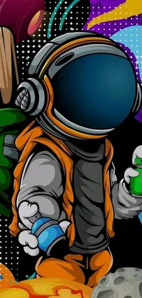 This live phone wallpaper features a unique digital art of an astronaut holding a beer in a graffiti style set against a space background with a bong in the background