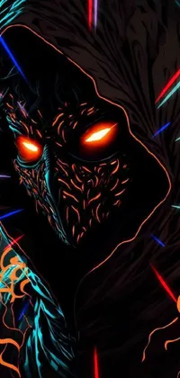 This live phone wallpaper showcases a close-up image of a hooded figure with glowing orange eyes