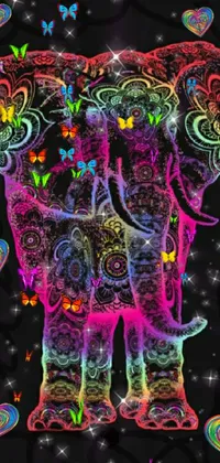 This live wallpaper features a colorful elephant on a black background, boasting vibrant Lisa Frank-inspired patterns, tie-dye effects, and kaleidoscopic elements