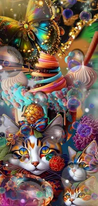 This phone live wallpaper showcases a stunning ultra-fine detailed painting of a butterfly with a psychedelic fractal tarot card-style pattern