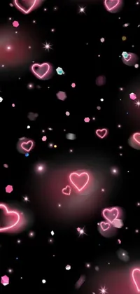 Looking for a lovely phone live wallpaper? This one features an adorable Tumblr-inspired digital art design, with a black background and multiple shades of pink hearts dispersed throughout the screen