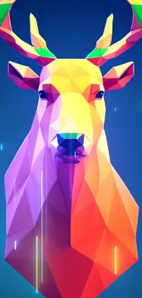 Looking for a phone live wallpaper that's both modern and stunning? This colorful, high-contrast design features a low poly close-up of a deer's head on a blue background, with rainbow-colored triangles forming the shape